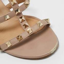 Pre Owned Valentino Beige Leather Rockstud Slide Sandals Size 37