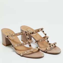 Pre Owned Valentino Beige Leather Rockstud Slide Sandals Size 37