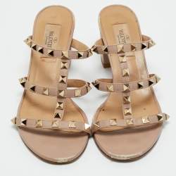Pre Owned Valentino Beige Leather Rockstud Slide Sandals Size 37