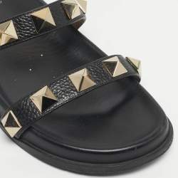 Pre Owned Valentino Black Leather Rockstud Flat Slide Size 41