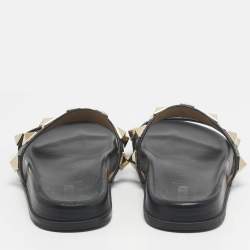 Pre Owned Valentino Black Leather Rockstud Flat Slide Size 41