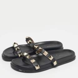 Pre Owned Valentino Black Leather Rockstud Flat Slide Size 41