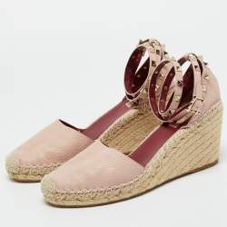 Pre Owned Valentino Blush Pink Leather Rockstud Ankle Strap Wedge Espadrille Sandals Size 41
