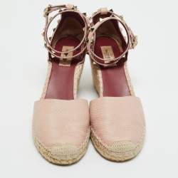 Pre Owned Valentino Blush Pink Leather Rockstud Ankle Strap Wedge Espadrille Sandals Size 41