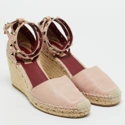 Pre Owned Valentino Blush Pink Leather Rockstud Ankle Strap Wedge Espadrille Sandals Size 41