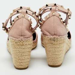 Pre Owned Valentino Blush Pink Leather Rockstud Ankle Strap Wedge Espadrille Sandals Size 41