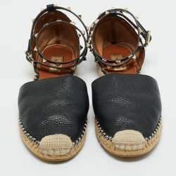 Pre Owned Valentino Black Leather Rockstud Espadrilles Ankle Strap Flats Size 41