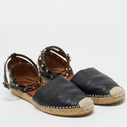 Pre Owned Valentino Black Leather Rockstud Espadrilles Ankle Strap Flats Size 41