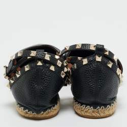 Pre Owned Valentino Black Leather Rockstud Espadrilles Ankle Strap Flats Size 41