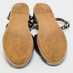 Pre Owned Valentino Black Leather Rockstud Espadrilles Ankle Strap Flats Size 41