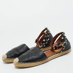 Pre Owned Valentino Black Leather Rockstud Espadrilles Ankle Strap Flats Size 41