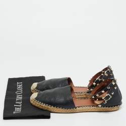 Pre Owned Valentino Black Leather Rockstud Espadrilles Ankle Strap Flats Size 41