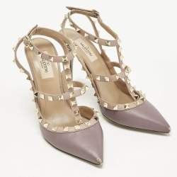 Pre Owned Valentino Pale Purple Leather Rockstud Ankle Strap Pumps Size 38.5
