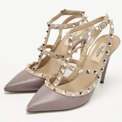 Pre Owned Valentino Pale Purple Leather Rockstud Ankle Strap Pumps Size 38.5
