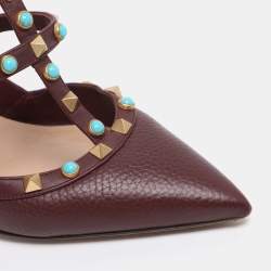 Pre Owned Valentino Burgundy Leather Rolling Rockstud Ankle Strap Sandals Size 39