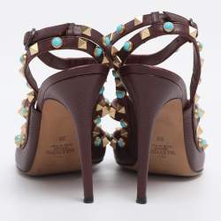 Pre Owned Valentino Burgundy Leather Rolling Rockstud Ankle Strap Sandals Size 39