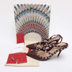 Pre Owned Valentino Burgundy Leather Rolling Rockstud Ankle Strap Sandals Size 39