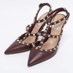 Pre Owned Valentino Burgundy Leather Rolling Rockstud Ankle Strap Sandals Size 39