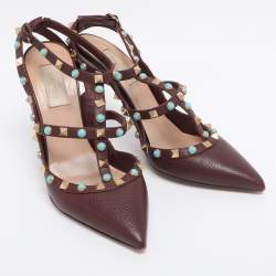 Pre Owned Valentino Burgundy Leather Rolling Rockstud Ankle Strap Sandals Size 39