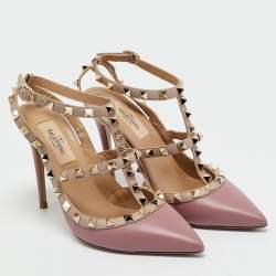 Pre Owned Valentino Beige/Purple Leather and Patent Rockstud Pumps Size 36