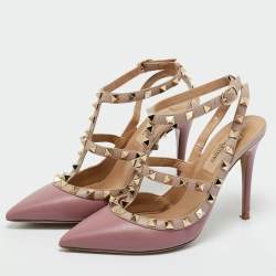 Pre Owned Valentino Beige/Purple Leather and Patent Rockstud Pumps Size 36