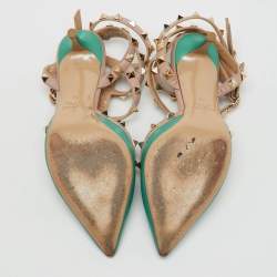 Pre Owned Valentino Green/Old Rose Leather Rockstud Ankle Strap Pumps Size 36