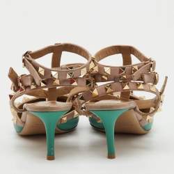 Pre Owned Valentino Green/Old Rose Leather Rockstud Ankle Strap Pumps Size 36