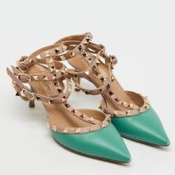 Pre Owned Valentino Green/Old Rose Leather Rockstud Ankle Strap Pumps Size 36