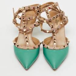 Pre Owned Valentino Green/Old Rose Leather Rockstud Ankle Strap Pumps Size 36