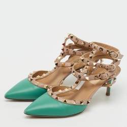 Pre Owned Valentino Green/Old Rose Leather Rockstud Ankle Strap Pumps Size 36