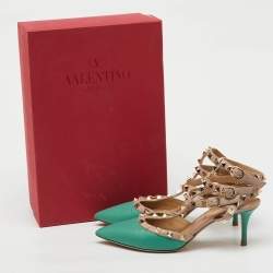 Pre Owned Valentino Green/Old Rose Leather Rockstud Ankle Strap Pumps Size 36