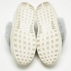 Pre Owned Valentino White/Blue Mink Fur And Leather Rockstud Low Top Sneakers Size 37.5