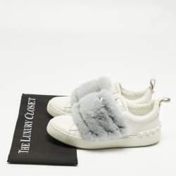 Pre Owned Valentino White/Blue Mink Fur And Leather Rockstud Low Top Sneakers Size 37.5