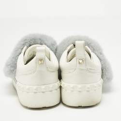 Pre Owned Valentino White/Blue Mink Fur And Leather Rockstud Low Top Sneakers Size 37.5