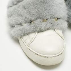 Pre Owned Valentino White/Blue Mink Fur And Leather Rockstud Low Top Sneakers Size 37.5
