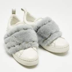 Pre Owned Valentino White/Blue Mink Fur And Leather Rockstud Low Top Sneakers Size 37.5