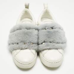 Pre Owned Valentino White/Blue Mink Fur And Leather Rockstud Low Top Sneakers Size 37.5