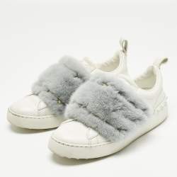 Pre Owned Valentino White/Blue Mink Fur And Leather Rockstud Low Top Sneakers Size 37.5