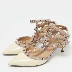 Pre Owned Valentino Cream Leather and Patent Leather Rockstud Pumps Size 37