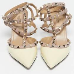Pre Owned Valentino Cream Leather and Patent Leather Rockstud Pumps Size 37