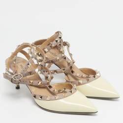 Pre Owned Valentino Cream Leather and Patent Leather Rockstud Pumps Size 37