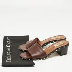 Pre Owned Valentino Brown Leather Rockstud Open Toe Slide Sandals Size 38