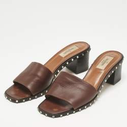 Pre Owned Valentino Brown Leather Rockstud Open Toe Slide Sandals Size 38