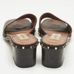 Pre Owned Valentino Brown Leather Rockstud Open Toe Slide Sandals Size 38