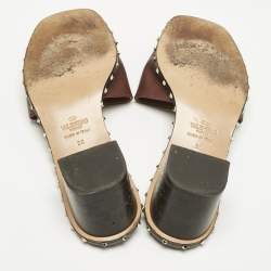 Pre Owned Valentino Brown Leather Rockstud Open Toe Slide Sandals Size 38