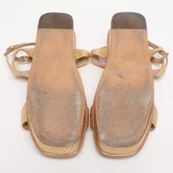 Pre Owned Valentino Gold Leather T-Strap Sandals Size 38