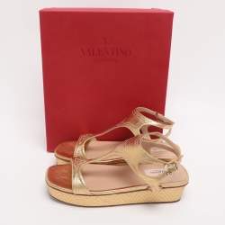 Pre Owned Valentino Gold Leather T-Strap Sandals Size 38