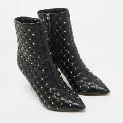 Pre Owned Valentino Black Leather Rockstud Ankle Length Boots Size 38