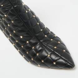 Pre Owned Valentino Black Leather Rockstud Ankle Length Boots Size 38
