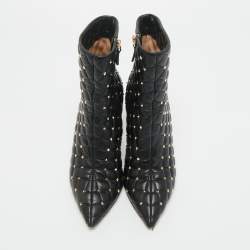 Pre Owned Valentino Black Leather Rockstud Ankle Length Boots Size 38